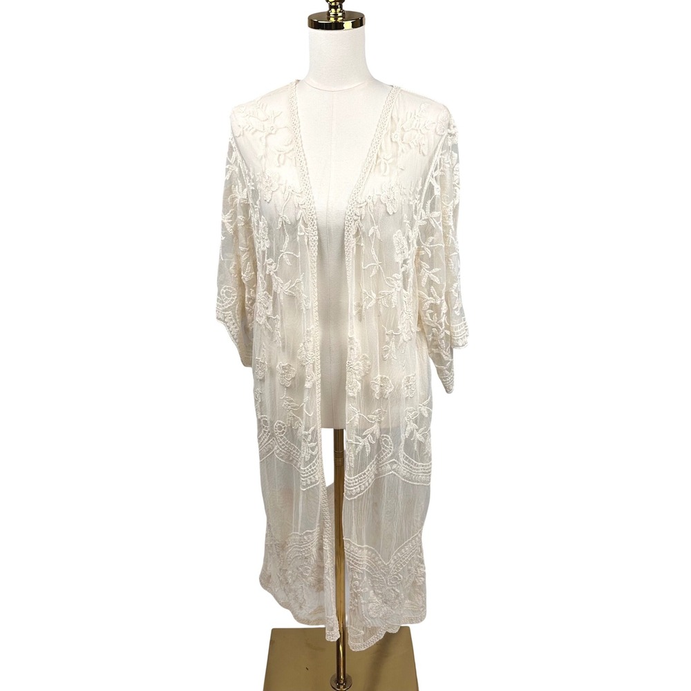 Cream Floral Embroidered Lace Sheer Long Kimono Cardigan S M Boho Cover Up